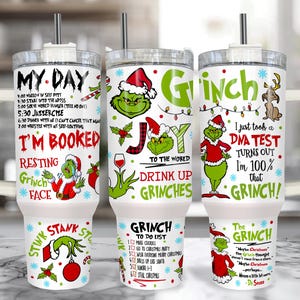 My Day Grinch-beker van 40 oz met handvat – gepersonaliseerde kerstkoffiekop met rietje, kerstmok cadeau voor liefhebbers van grinch