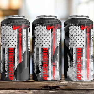 May include: Three black and white insulated can coolers with a distressed American flag design and the word "Firefighter" in red.