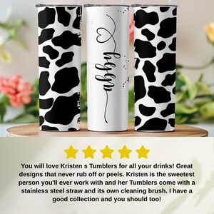 Personalized Black Cow Print Tumbler or Custom Brown Cow Print Cup with Name, Cow Gifts for Women, 20 oz Stainless Steel Tumbler with Straw
