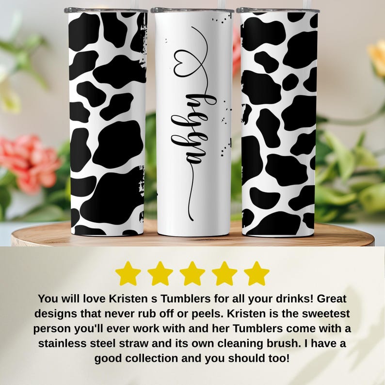 Personalized Black Cow Print Tumbler or Custom Brown Cow Print Cup with Name, Cow Gifts for Women, 20 oz Stainless Steel Tumbler with Straw