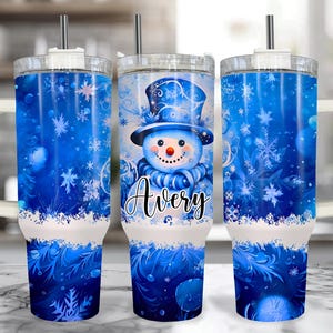 Blue Snowman 40 oz Christmas Tumbler With Handle – Personalized Blue Christmas Cup With Straw, Large Insulated 40oz Christmas Travel Mug