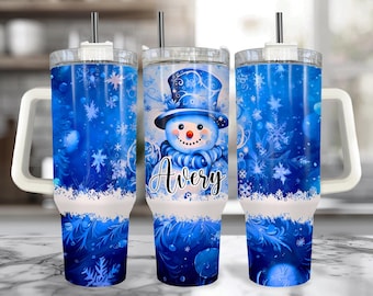 Vaso térmico azul de 1,2 litros con asa y diseño de muñeco de nieve / Taza navideña de muñeco de nieve con pajita / Regalos de muñeco de nieve adorables / Vaso térmico de invierno con diseño de muñeco de nieve