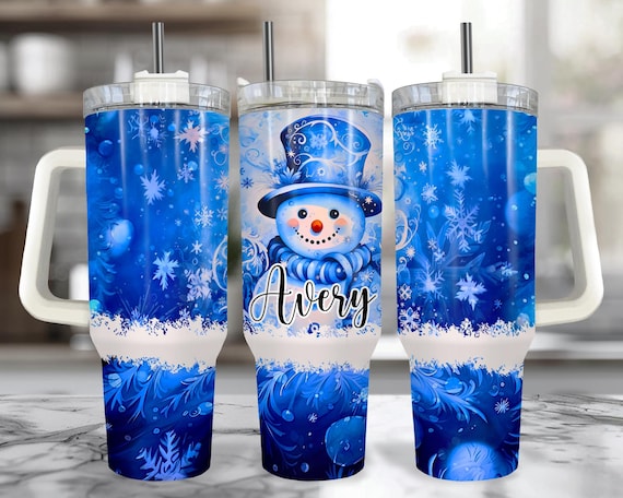青い雪だるま柄の取っ手付き40オンスタンブラー｜ストロー付き雪だるま