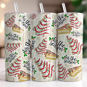 Christmas Tree Cake Tumbler, Tis The Season Christmas Cup, Christmas Tree Cake 20 oz Coffee Tumbler with Straw – Cute Christmas Travel Mug