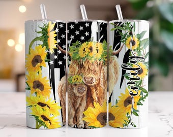Sunflower Highland Cow 20 oz beker – Gepersonaliseerde Highland Cow-cadeaus, beker zonnebloem met rietje