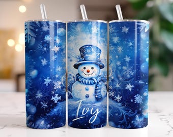 Vaso navideño de muñeco de nieve, regalos personalizados de muñeco de nieve, taza azul personalizada de muñeco de nieve con pajita, linda taza navideña de muñeco de nieve