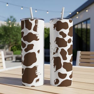 Personalized Black Cow Print Tumbler or Custom Brown Cow Print Cup with Name, Cow Gifts for Women, 20 oz Stainless Steel Tumbler with Straw
