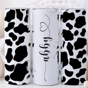 Personalized Black Cow Print Tumbler or Custom Brown Cow Print Cup with Name, Cow Gifts for Women, 20 oz Stainless Steel Tumbler with Straw