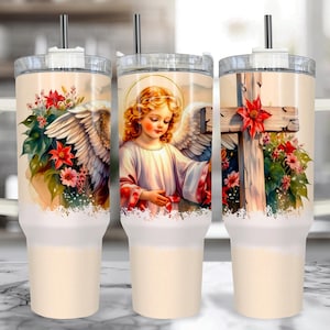 Vintage Angel 40 oz Christmas Tumbler With Handle – Vintage Angel Christmas Cup With Straw, Large Insulated 40oz Christmas Travel Mug
