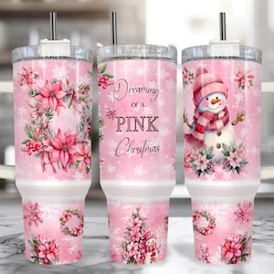 Pink Snowman 40 oz Christmas Tumbler With Handle – Personalized Pink Christmas Cup With Straw, Large Insulated 40oz Christmas Travel Mug