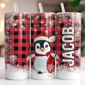 Custom Penguin Tumbler with Straw – Personalized Penguin Gift, Buffalo Plaid Penguin Coffee Cup With Name, Cute Christmas Gift