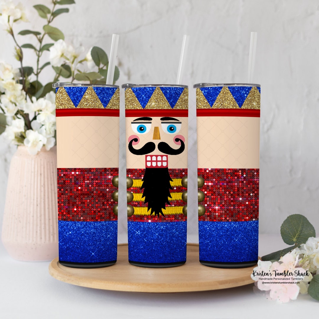 Nutcracker Tumbler, Red Blue Faux Glitter Nutcracker Christmas Cup