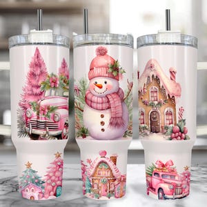 Pink Snowman 40 oz Christmas Tumbler With Handle – Personalized Pink Christmas Cup With Straw, Large Insulated 40oz Christmas Travel Mug