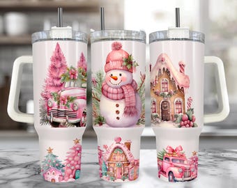 Bicchiere termico rosa con pupazzo di neve da 40 oz con manico / Tazza di Natale con pupazzo di neve e cannuccia / Regali carini con pupazzo di neve / Bicchiere termico invernale con pupazzo di neve