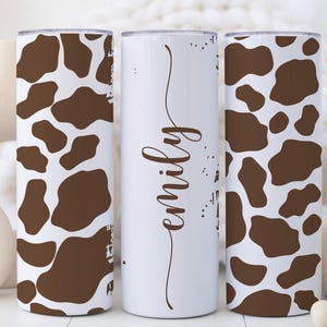 Personalized Black Cow Print Tumbler or Custom Brown Cow Print Cup with Name, Cow Gifts for Women, 20 oz Stainless Steel Tumbler with Straw