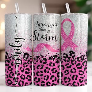Breast Cancer Awareness Tumbler – Personalized Gift for Her, Stronger Than Storm Cup, Pink Ribbon Cancer Survivor Mug, Get Well Soon Gift