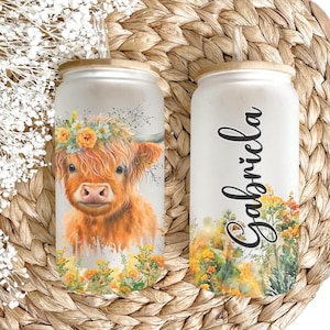 Bicchiere a forma di mucca delle Highlands con girasole – Tazza da caffè ghiacciata da 16 once – Grazioso bicchiere a forma di mucca delle Highlands – Regalo personalizzato a forma di mucca delle Highlands per lei – Bicchiere con beccuccio