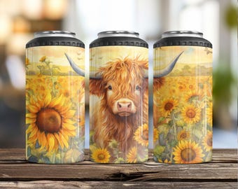 Enfriador de latas Sunflower Cow Highland, regalos Highland Cow, enfriador de latas Sunflower Cow Slim, enfriador de latas delgado y aislado 4 en 1 con abridor de botellas