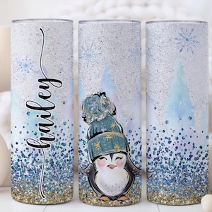 Custom Penguin Tumbler – Personalized Penguin Gift, Custom Blue Christmas Coffee Cup with Straw, Cute Christmas Gift Idea