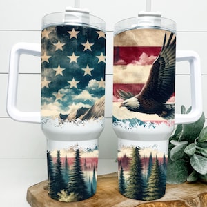 Eagle 40 oz Tumbler With Handle, USA Gifts For Men, American Flag Eagle Cup with Handle, Large Insulated Eagle Travel Mug