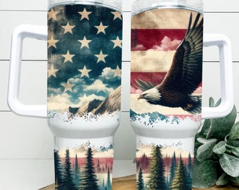 Eagle 40 oz Tumbler with Handle, Patriotic Gifts For Him, American Flag Eagle Cup With Straw, Patriotic Coffee Tumbler, USA Gifts For Men