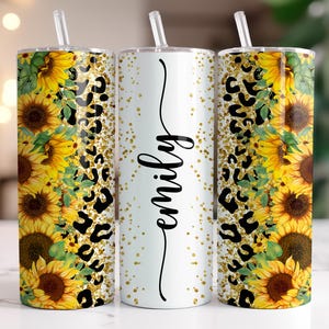 Custom Sunflower Tumbler, Personalized Sunflower Gifts, Personalized Sunflower Cup with Name, Custom Leopard Sunflower Tumbler with Straw