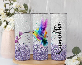 Hummingbird Personalized Tumbler, Faux Glitter Hummingbird Cup, Custom Humming Bird Tumbler With Straw, Personalized Hummingbird Gifts