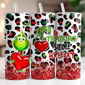 The Grinch Stole My Heart-kerstbeker – Gepersonaliseerde kerstkoffiekop met rietje, kerstmok cadeau voor Grinch-liefhebbers