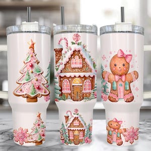 Pink Gingerbread 40 oz Christmas Tumbler With Handle – Personalized Pink Christmas Cup With Straw, Large Insulated 40oz Christmas Travel Mug