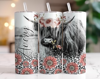 Highland Cow Gifts, Personalized Highland Cow Tumbler, Pink Floral Highland Cow Cup, Floral Cow Mug With Straw