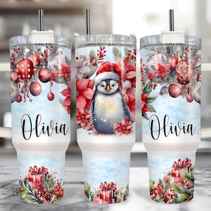 Penguin 40 oz Christmas Tumbler With Handle – Personalized Penguin Cup with Straw, Large Insulated Christmas Mug, Penguin Gift
