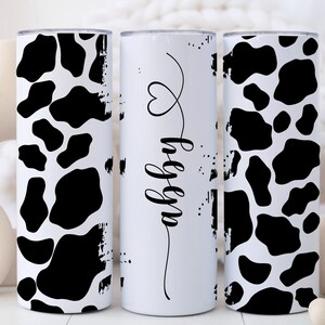 Personalized Black Cow Print Tumbler or Custom Brown Cow Print Cup with Name, Cow Gifts for Women, 20 oz Stainless Steel Tumbler with Straw