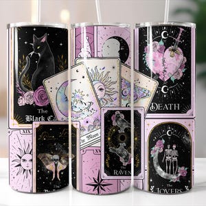 Black Cat Tarot Card Tumbler, Personalized Halloween Cup, Lovers Tarot Card, Witchy Death Moth Tumbler With Straw, Witchy Halloween Gifts