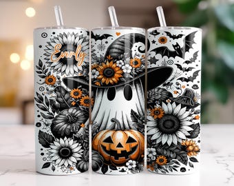 Vaso de Halloween con diseño de fantasmas y brujas: Vaso personalizado de Halloween con pajita, taza de Halloween con girasoles espeluznantes, regalo de Halloween con temática de brujas para ella.