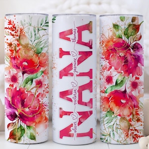 Custom Nana Tumbler – Personalized 20 oz Skinny Tumbler with Straw, Pink Floral Nana Cup, Personalized Nana Gifts