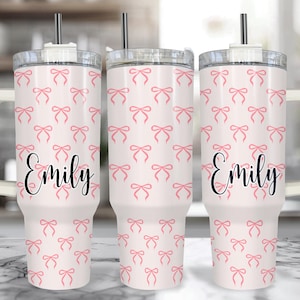 Pink Coquette Bow 40oz Tumbler with Handle – Personalized Gift Tumbler with Straw, Cute Pink Bow Cup with Name