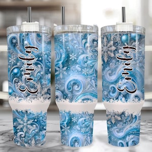 Blue Snowflake Winter 40 oz Tumbler With Handle – Blue Christmas Cup With Straw, Large Insulated 40oz Christmas Travel Mug
