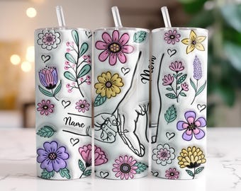 Personalized Mom Tumbler, Mother's Day Gift For Mom, Custom Mom Cup with Kids Names, Holding Hands with Mom Tumbler With Straw
