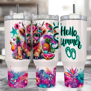Highland Cow 40 oz Tumbler With Handle – Hello Summer Cow Cup With Straw, Cute Highland Cow Gifts For Her, 40oz Travel Mug for Cow Lovers