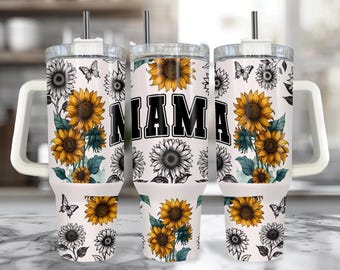 Bicchiere termico Sunflower Mama da 1,2 litri con manico – Regalo per la festa della mamma, tazza Sunflower Mama con cannuccia
