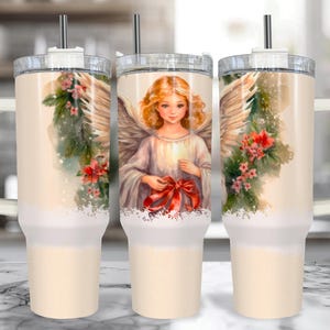 Angel 40 oz Christmas Tumbler With Handle – Vintage Angel Christmas Cup With Straw, Large Insulated 40oz Christmas Travel Mug