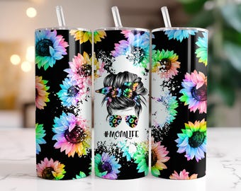 Vaso Mom Life de 20 oz – Taza de café con pajita y diseño de girasol arcoíris y moño desordenado, regalo para el Día de la Madre.