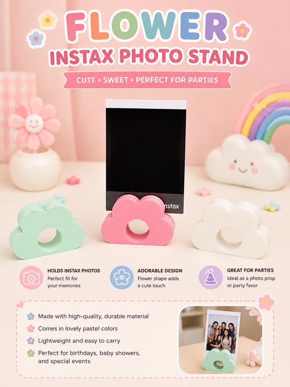 Flower Photo Stand | Set Of 3 | 3D Printed Polaroid Holder | Cute Desk Photo Display | Pastel Photo Holder | Party Favor |