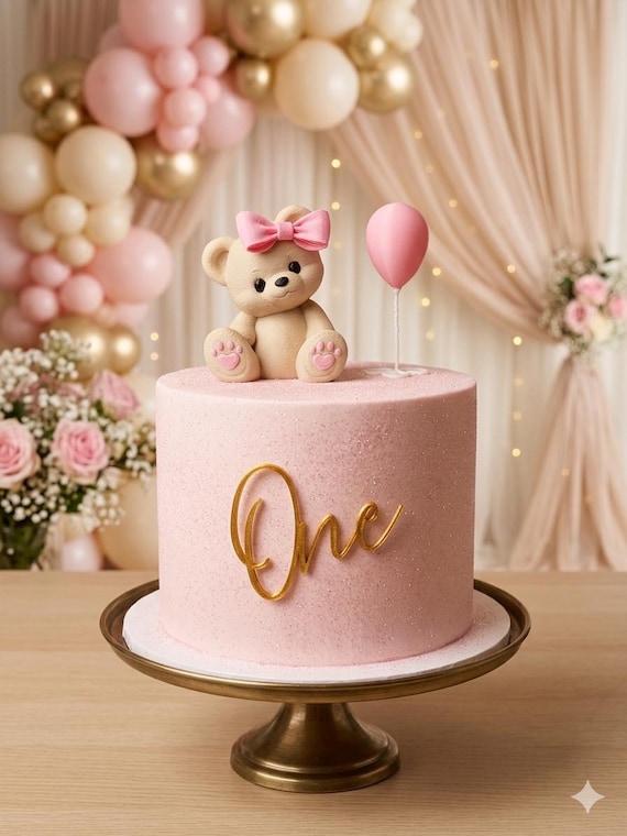 Teddy Bear Cake Topper with Balloon, Girls 1st Birthday Cake Topper, Custom Pastel Pink Teddy Bear Party Decor, Baby Shower Cake