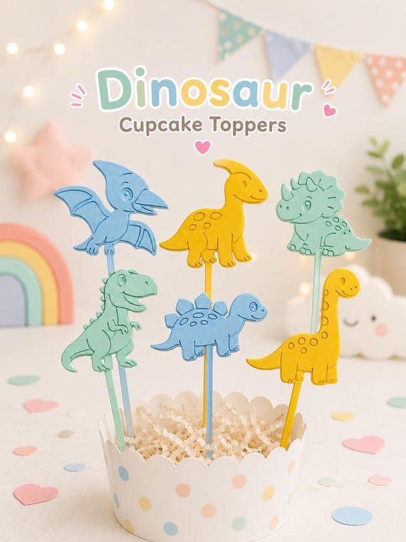 Dinosaur Cupcake Toppers | 3D Printed Cupcake Picks | Dino Birthday Party Decorations | Baby Shower Cake Toppers | Set of 12 Dinosaur Toppers