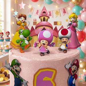 May include: A pink birthday cake decorated with Super Mario characters, including Mario, Luigi, Princess Peach, and Yoshi. The cake has a large number 6 and the name "ESME" on top, surrounded by balloons.