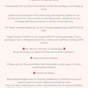 May include: White text on a light pink background detailing shipping and processing information. Includes notes on processing time, shipping upgrades, personalization details, and return policies. The text is easy to read.