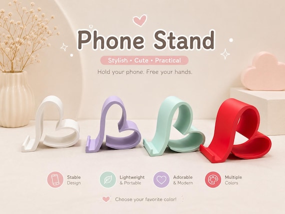 Heart Phone Stand - Cute Phone Holder | Desk Phone Stand- Aesthetic Desk Decor -Gift for Her- 3D Printed Phone Stand-Office Desk Accessory