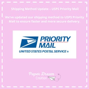 May include: A pink background with a white dashed border frames the USPS Priority Mail logo. The logo features a blue eagle and the words "PRIORITY MAIL" in blue and red. Text above states "Shipping Method Update - USPS Priority Mail".