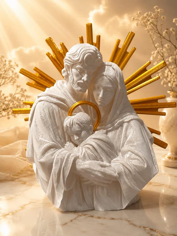 Handmade 3D Printed Holy Family Statue - Intricate Religious Home Decor - Premium White PLA with Gold Accents - 7.2" Large Sacred Heart Art